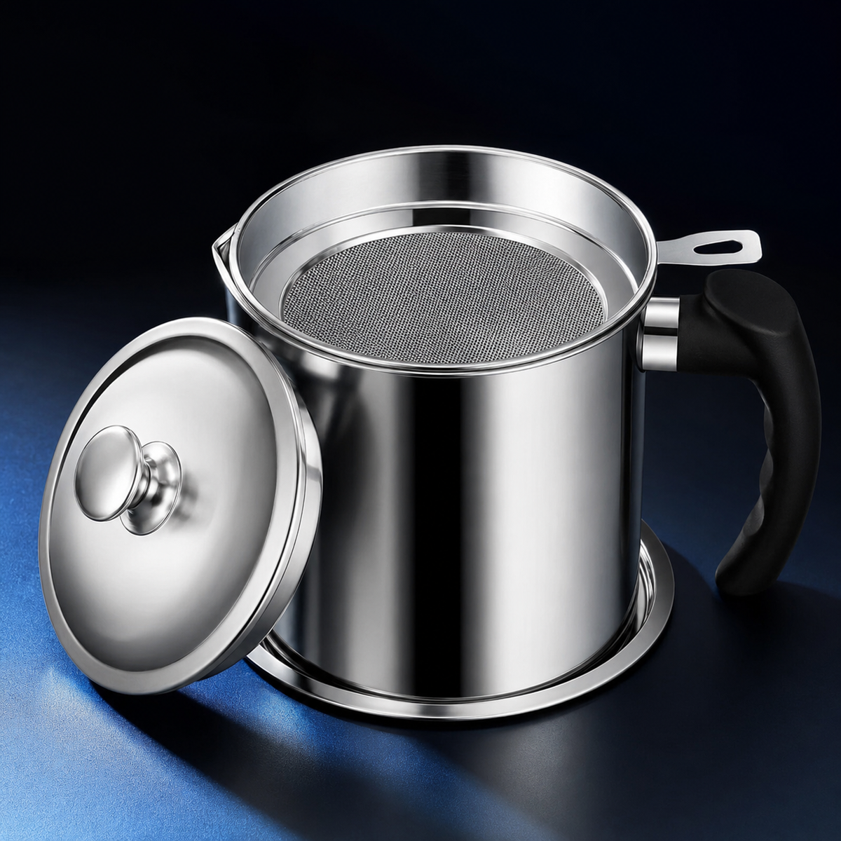 Premium stainless steel oil filter pot set on a dark blue studio background