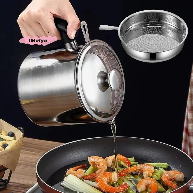 Stainless steel oil filter pot with lid, removable strainer and base