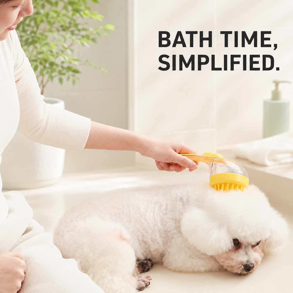 FoamyPaw yellow bath brush used gently on a dog