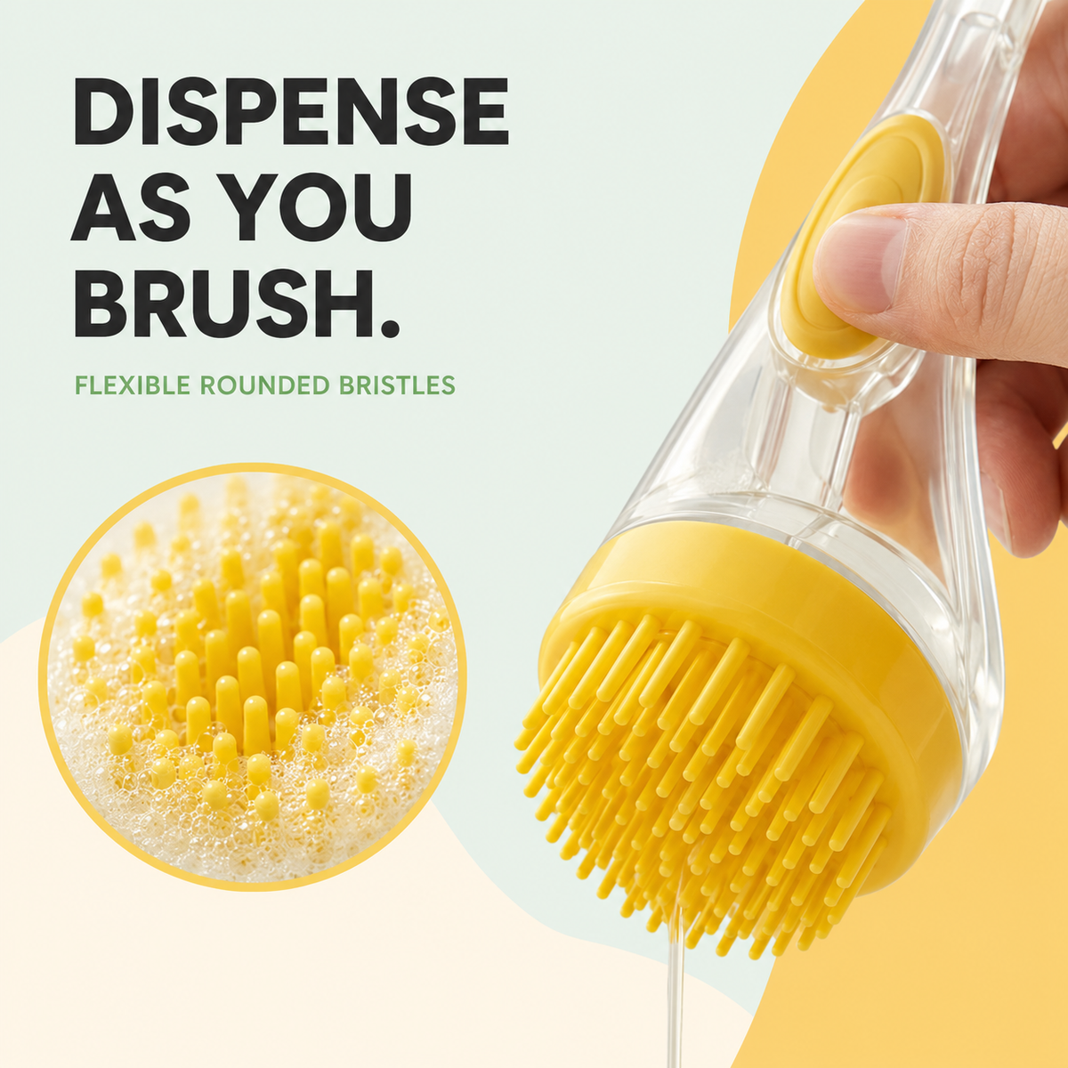 FoamyPaw press button and flexible rounded bristles