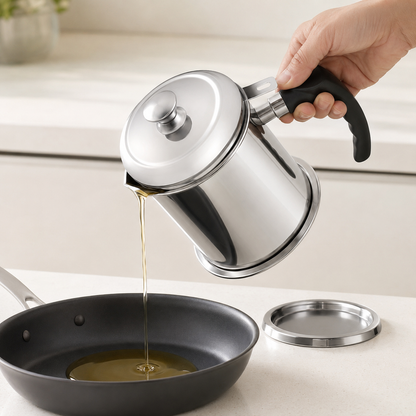 Filtered cooking oil poured from the stainless steel pot into a frying pan