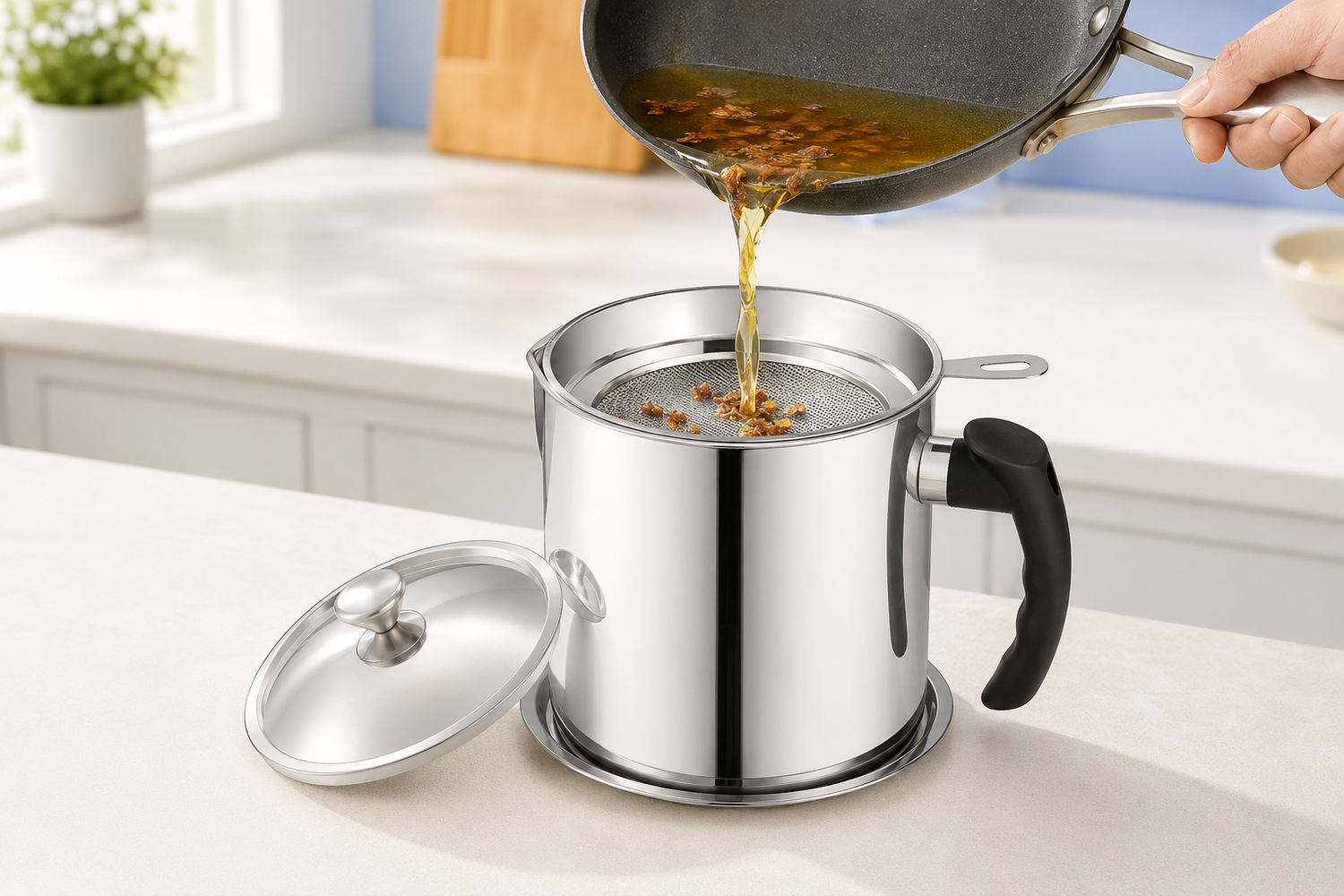 Cooking oil filtered through fine mesh into the stainless steel storage pot