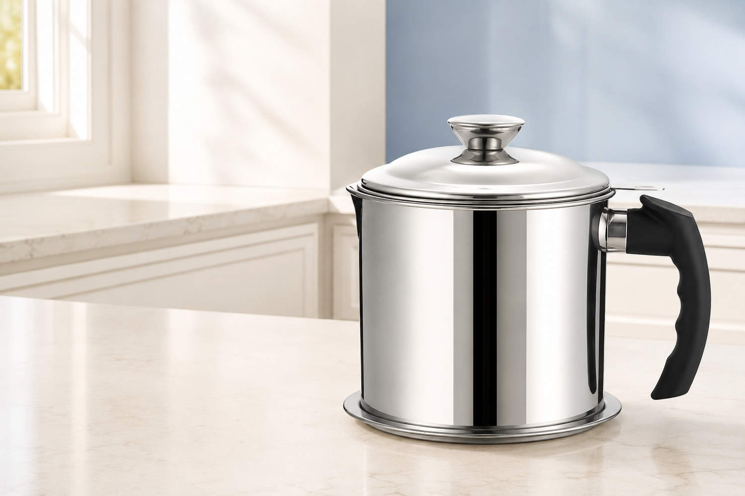 Closed stainless steel oil filter pot on an organized modern kitchen counter
