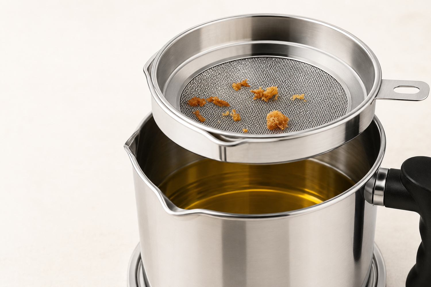 Fine mesh tray separates cooking crumbs from clean oil stored in the pot