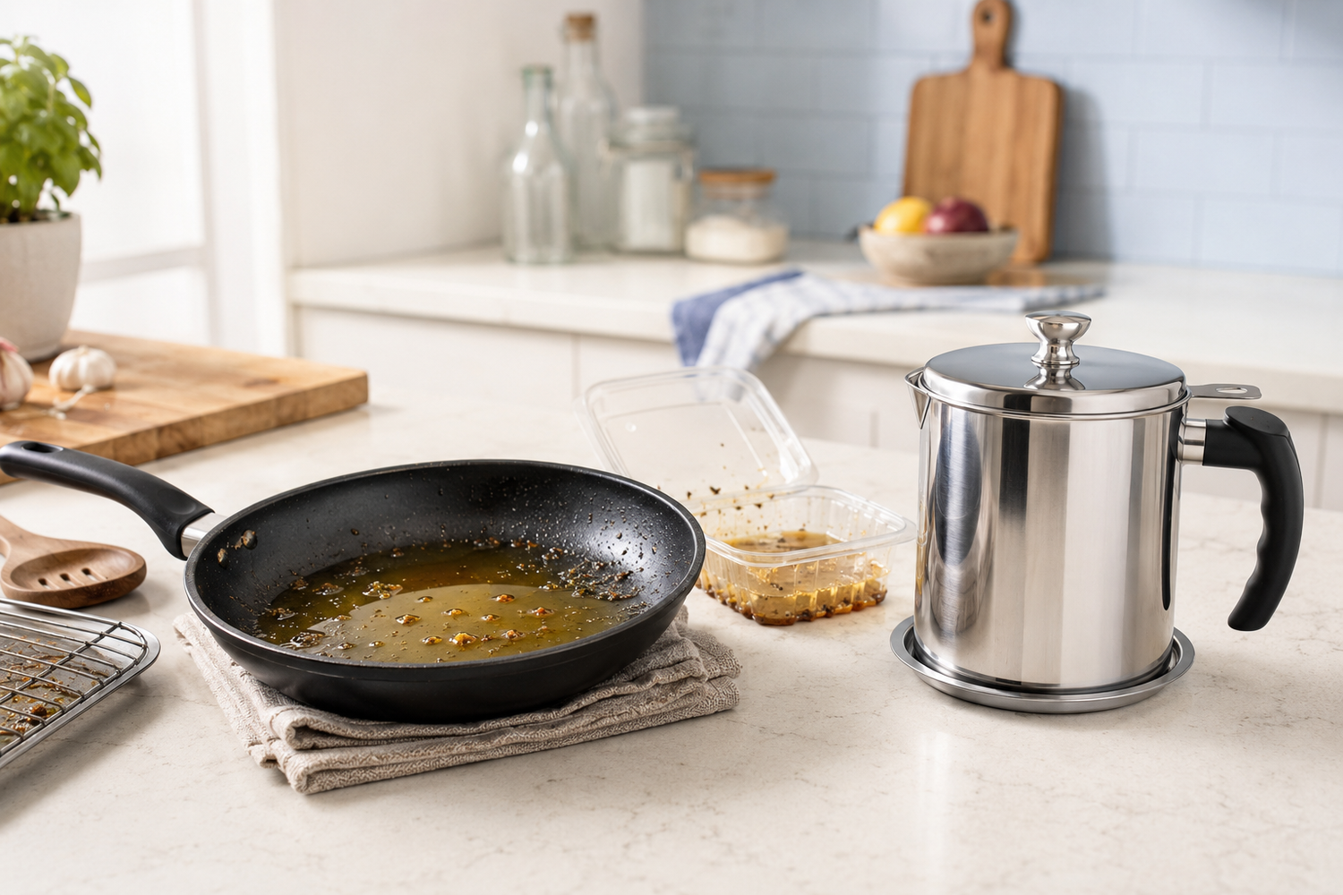 Leftover frying oil and crumbs beside the clean stainless steel oil filter pot