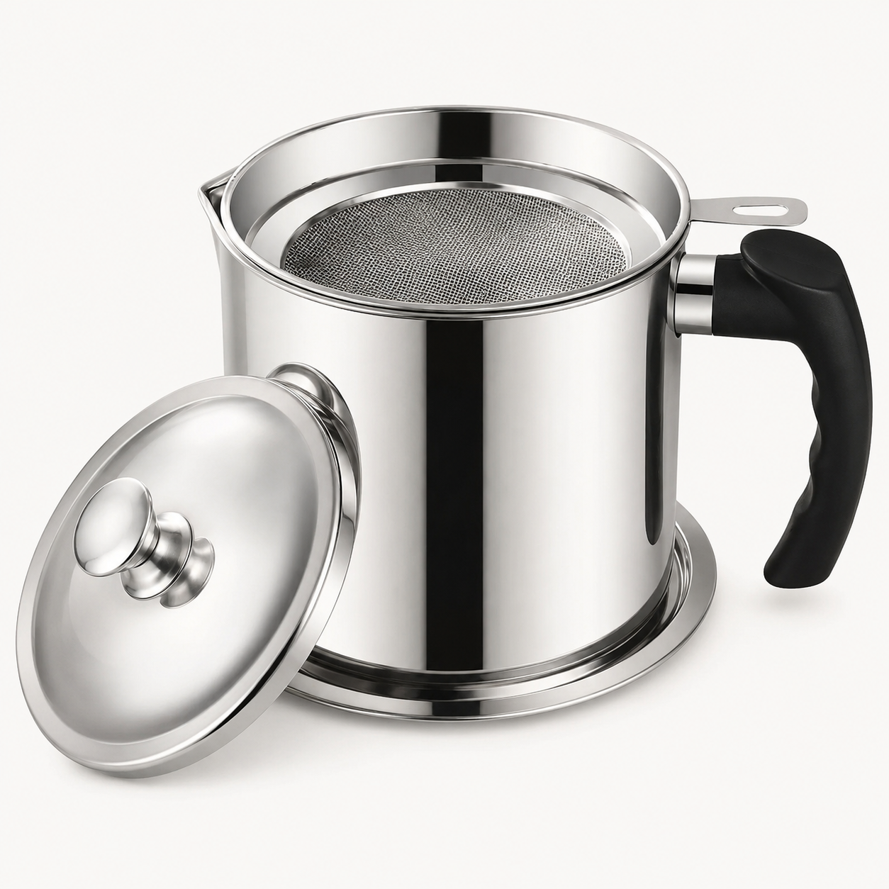 Pione CleanPour stainless steel oil filter pot with mesh, lid and base tray