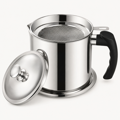 Pione CleanPour stainless steel oil filter pot with mesh, lid and base tray