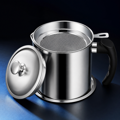 Premium stainless steel oil filter pot set on a dark blue studio background