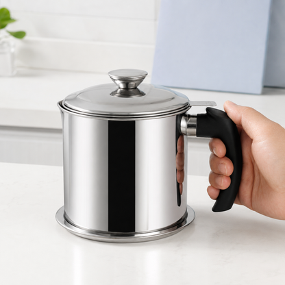 Adult hand holding compact stainless steel oil filter pot by the black handle