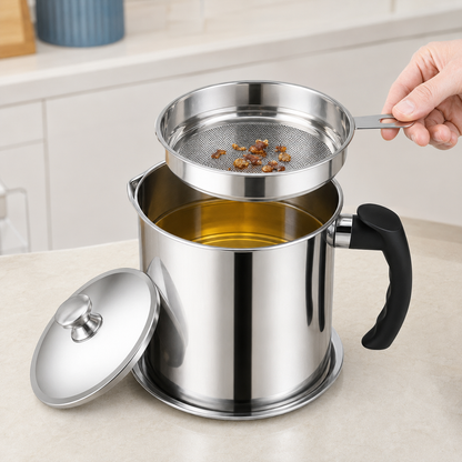 Fine mesh tray lifted to reveal filtered cooking oil stored inside the pot