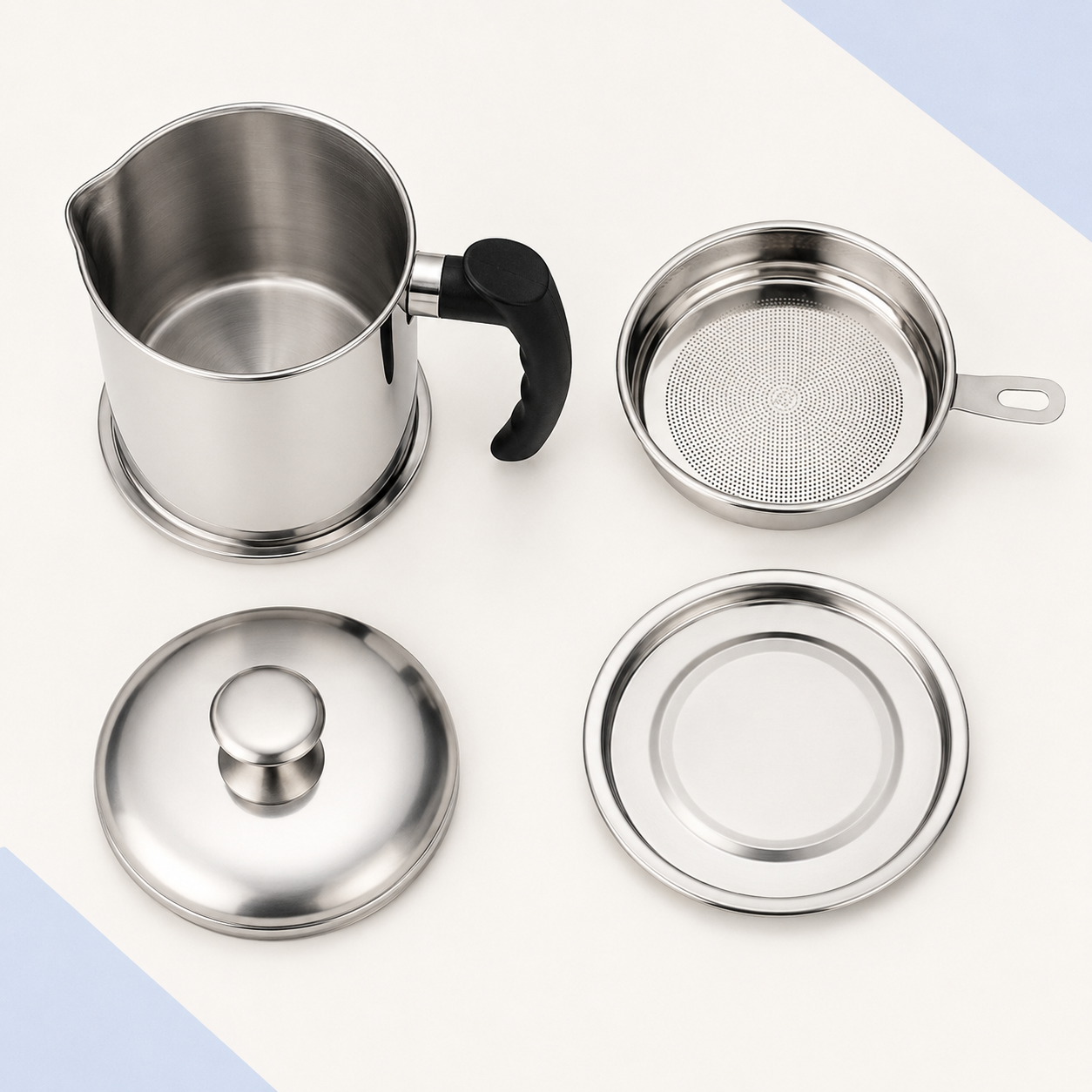 Oil filter pot set with pot, mesh strainer, stainless steel lid and base tray