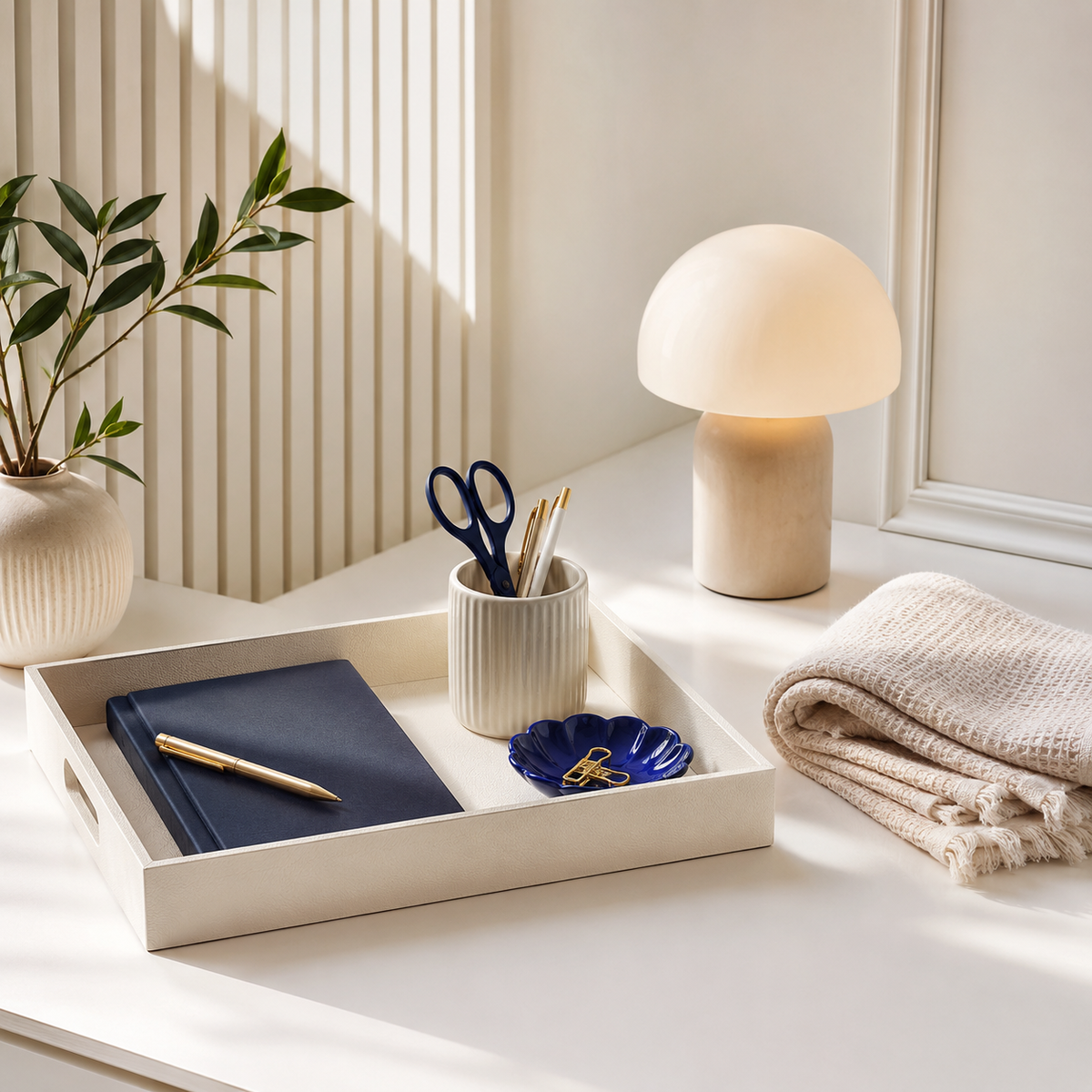 Organized home and desk essentials in warm morning light