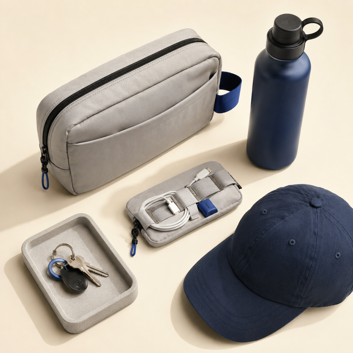 Practical everyday carry items in cream and navy