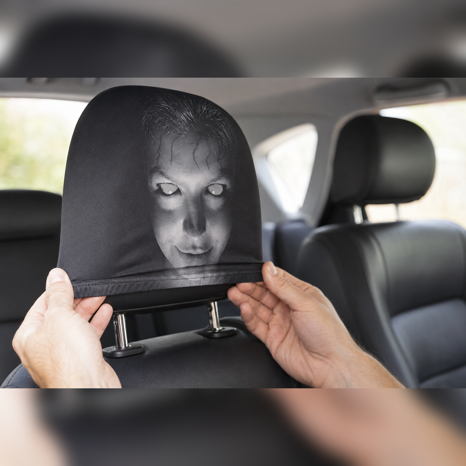 Hands stretching a Pione ScareSeat black horror face headrest cover over a standard car headrest