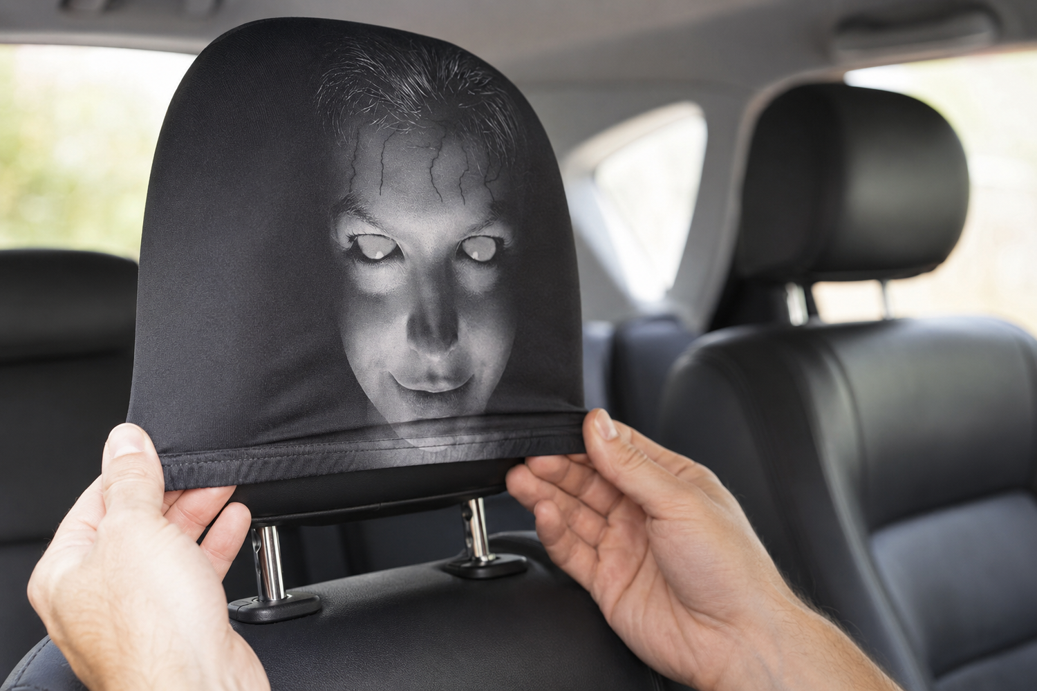Hands stretching a black horror face headrest cover over a standard car headrest