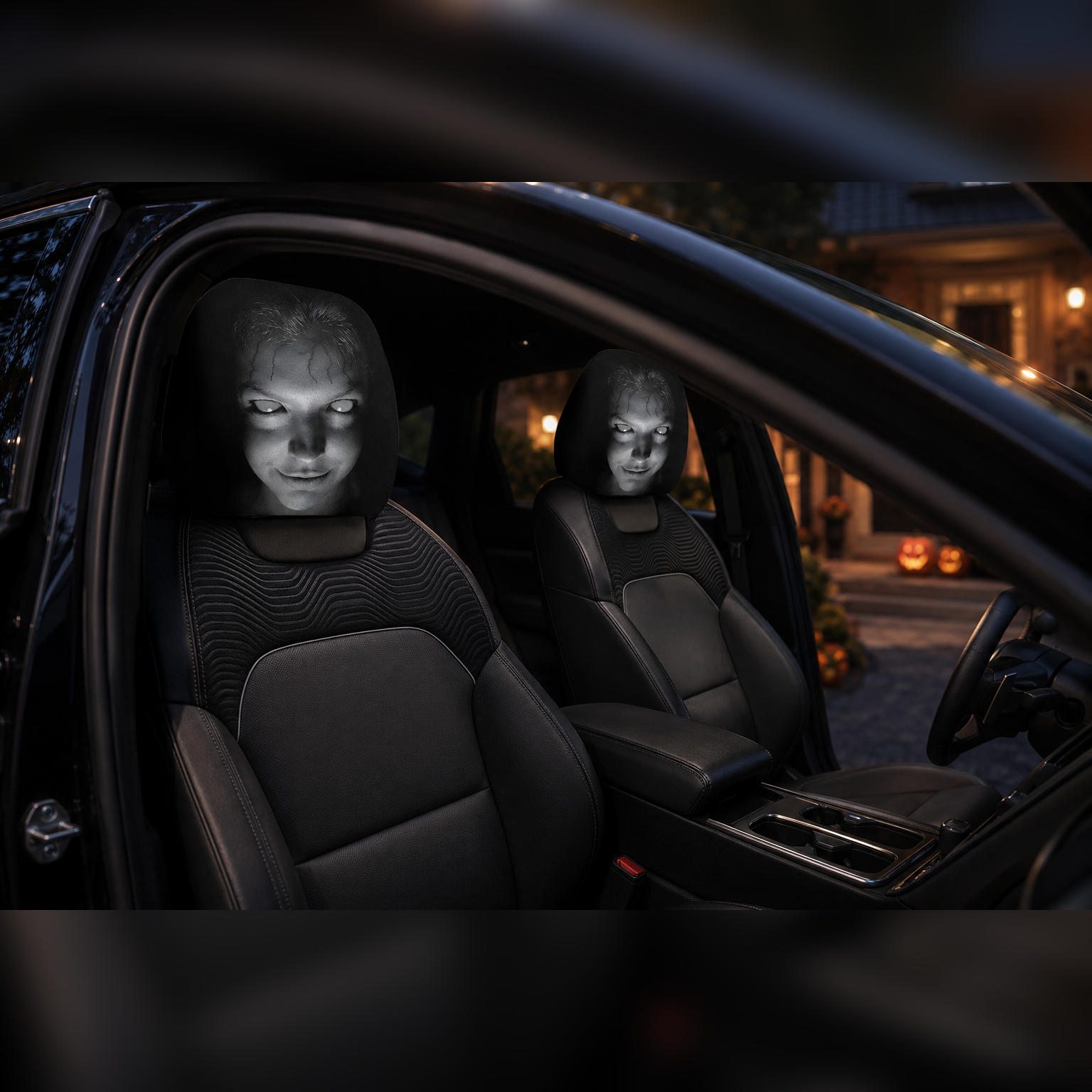 Pair of Pione ScareSeat horror face headrest covers inside a parked car during Halloween season