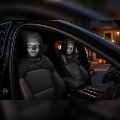 Pair of Pione ScareSeat horror face headrest covers inside a parked car during Halloween season