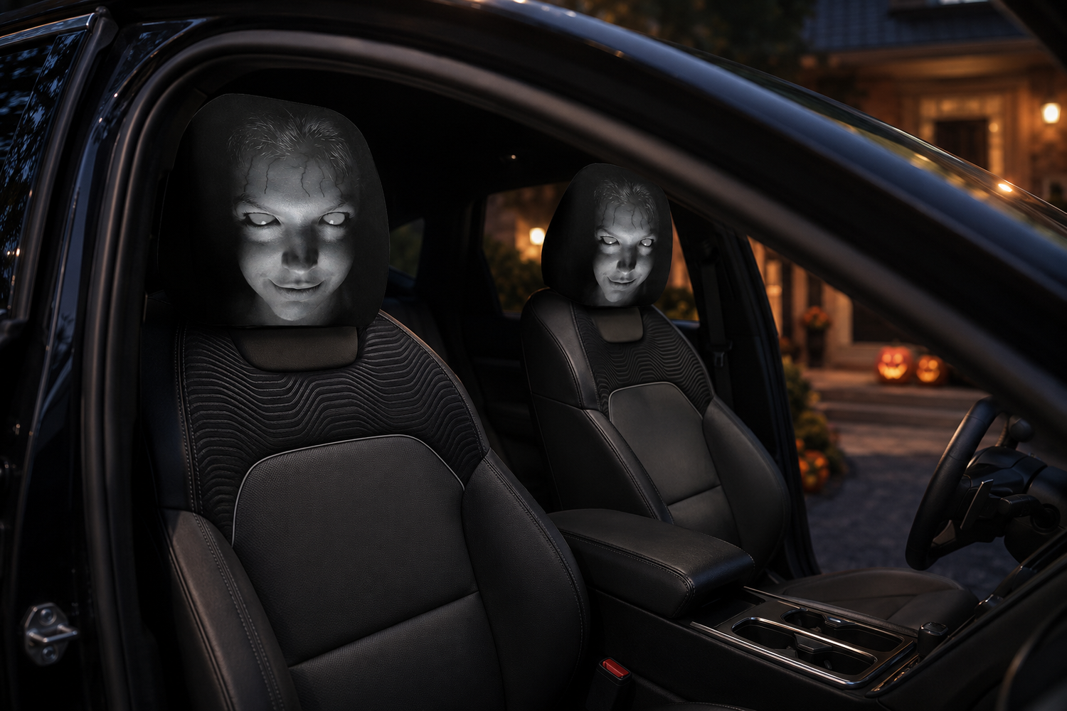 Pair of horror face headrest covers inside a parked car during Halloween season