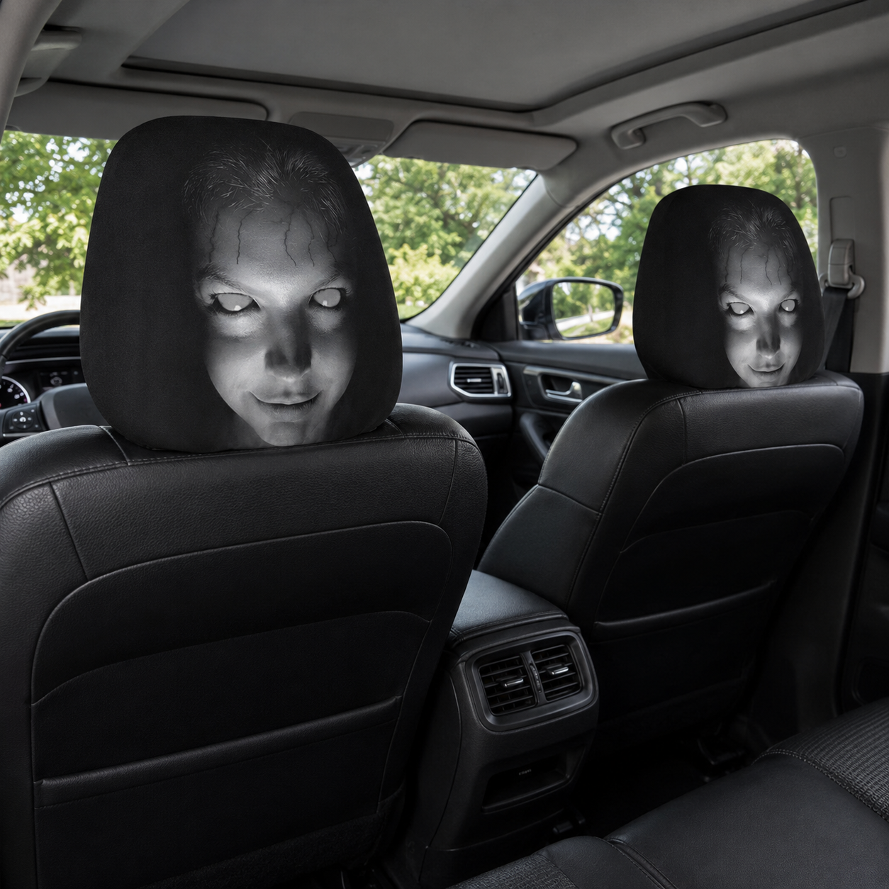 Two black horror face headrest covers installed on the front seats of a modern car