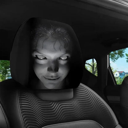 Single black horror face cover fitted over a car headrest