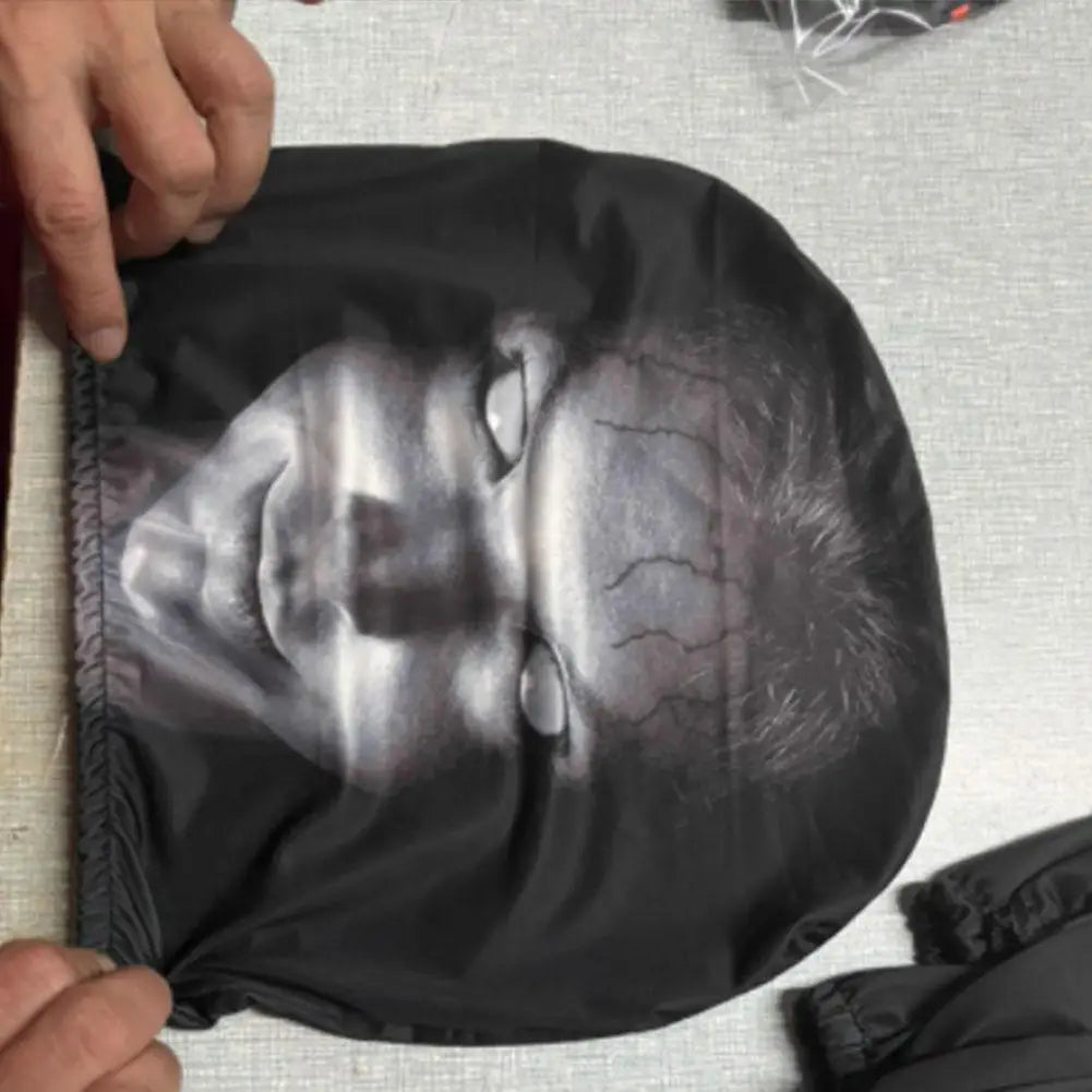 Close view of the stretch fabric and elastic opening on the horror face headrest cover