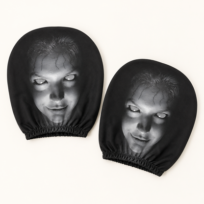 Two matching Pione ScareSeat horror face car headrest covers included in the set